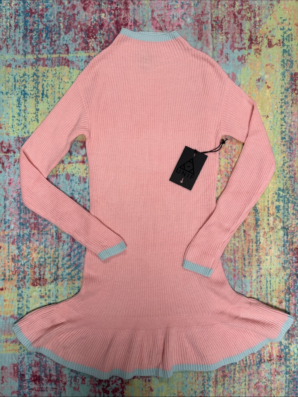 UNIF Pink Ribbed Knit Dress with Light Blue Trim